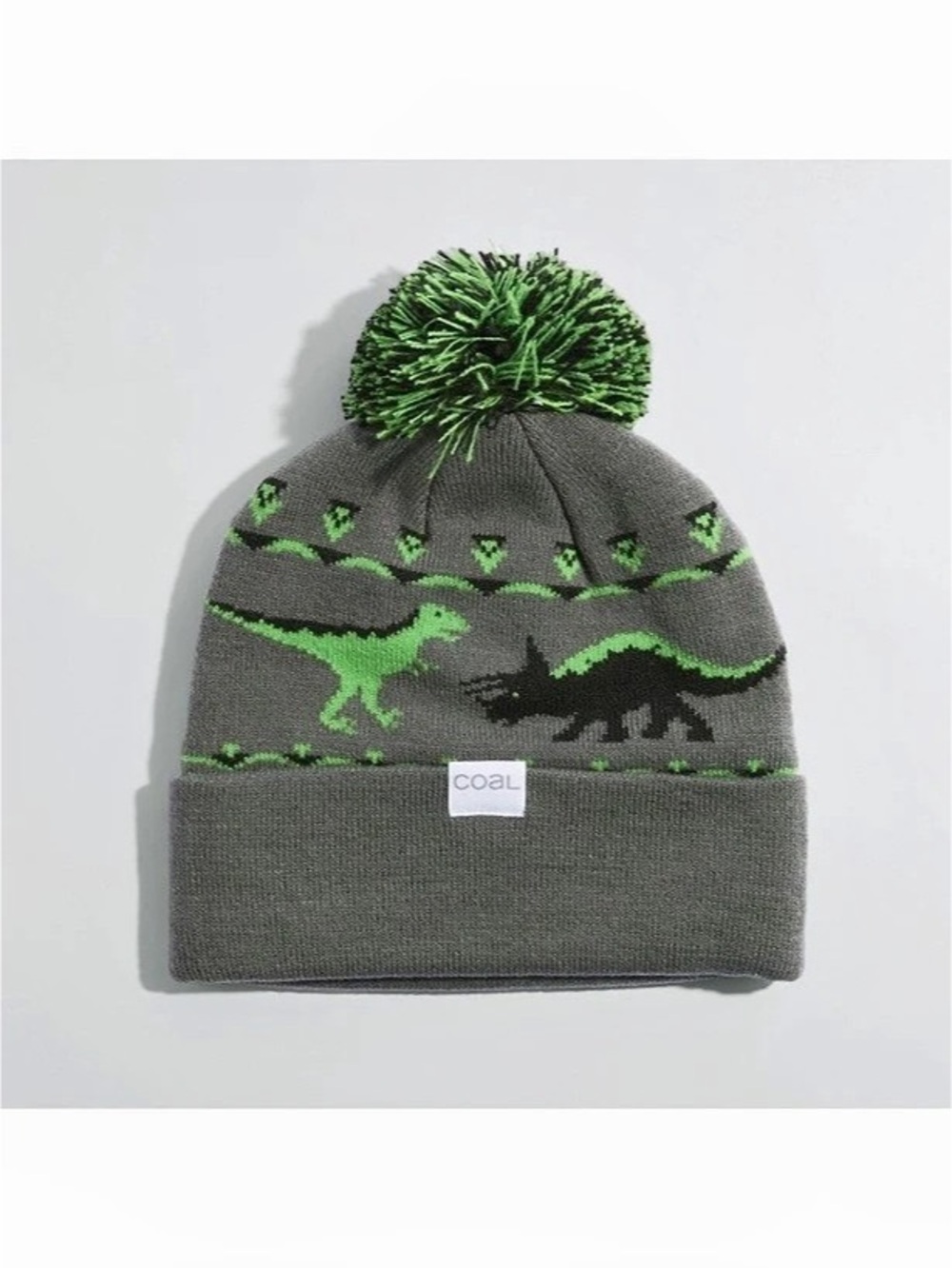 Coal Kid's Toy Bin Acrylic Ribbed Knit Pom Beanie Charcoal Dinosaurs good preown